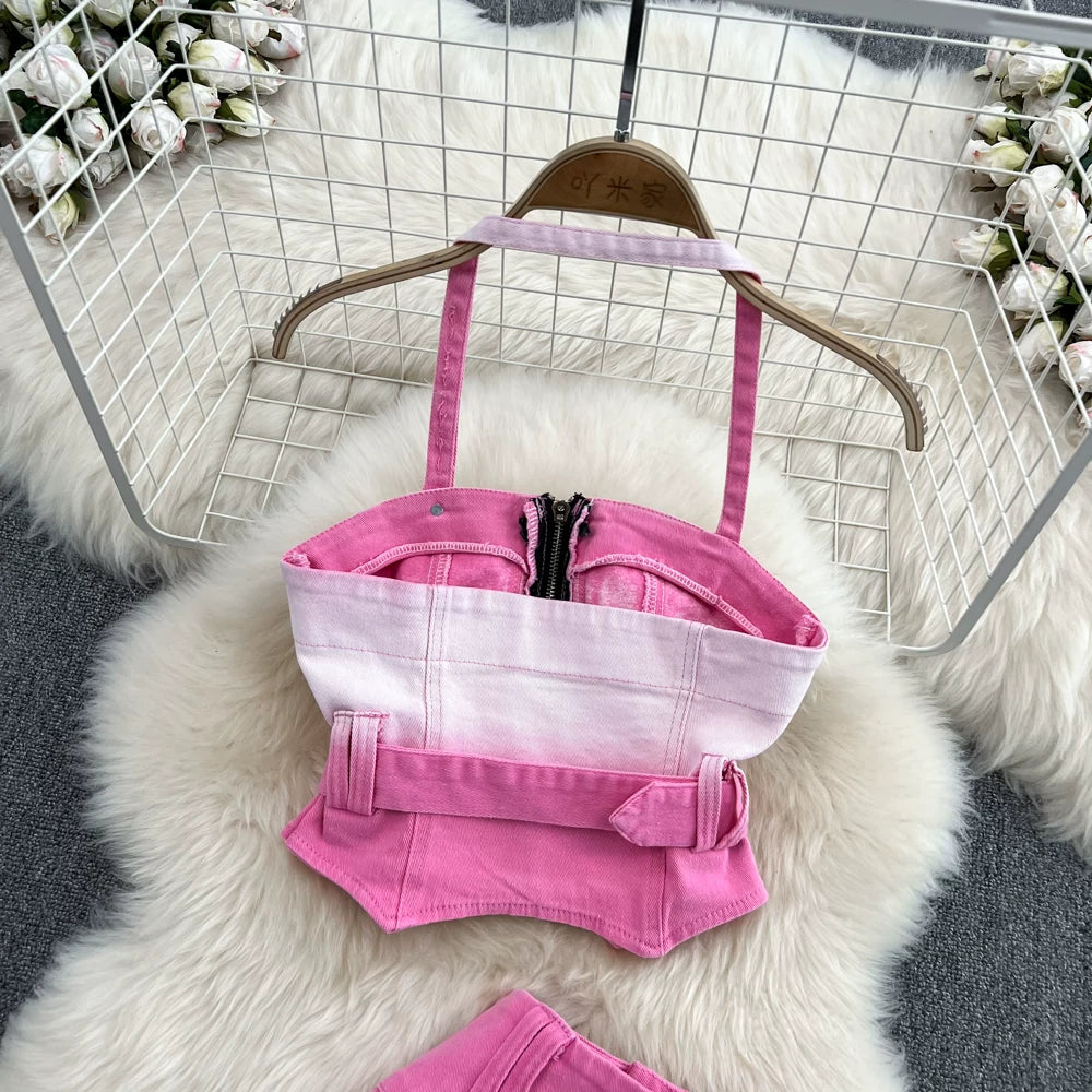 Pink Gradient Jeans Skirts Set Girl Fashion Denim Sleeveless Camisole Vest Top Two-piece Set Mini Bodycon Strap Skirt Summer