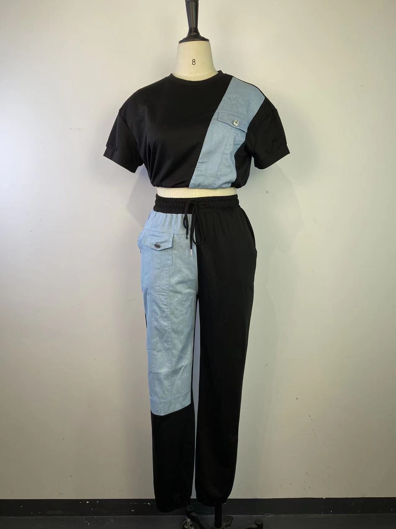 CM.YAYA Workout Denim Patchwork Women Two 2 Piece Set Outfit Sweatsuit 2022 T-shirt and Jogger Pants Matching Set Tracksuit