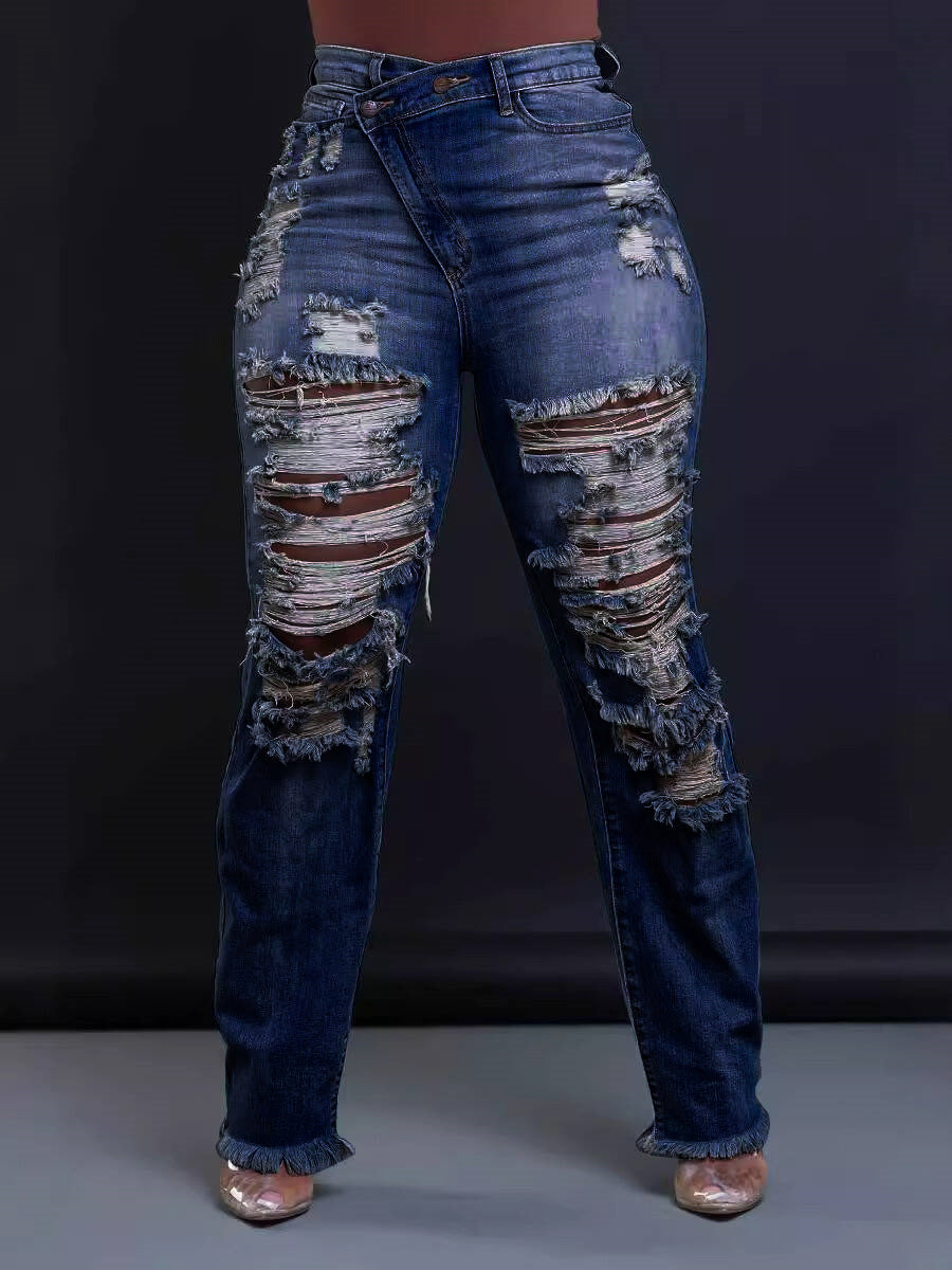 Jeans Ankle Length Women Pencil Denim Hole Pants Ripped Pockets High Waist Jean Skinny Streetwear Button Washed Distressed