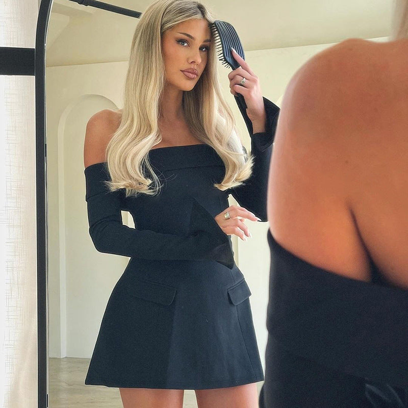 BKQU Elegantes schulterfreies Langarm-Minikleid für Damen, sexy trägerloses, rückenfreies, schmales A-Linien-Kurzleid, elegantes Party-Vestido