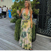 Sylcue Wizard of Oz Elegant Retro Tie-Dyed Fresh Print Deep V-neck Halter Dress Waist-Slimming Long Dress Summer