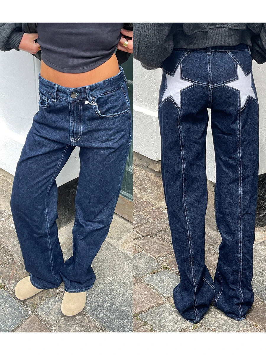 Combhasaki Damen Y2K Vintage Jeans Ästhetischer Sternmuster-Print Loose Straight Leg Denim Lange Hose Lässige Low Waist Hose