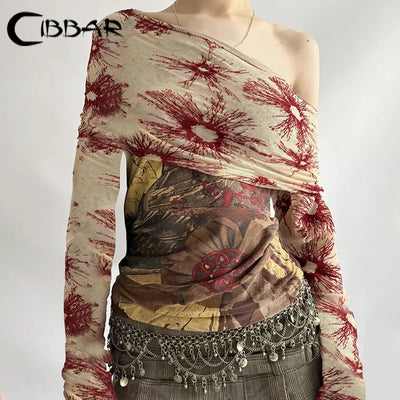 CIBBAR Vintage Mesh See Through Cropped Top y2k Ästhetik Blumenprint Slash Neck Langarm T-Shirts Damen Retro Mode T-Shirts