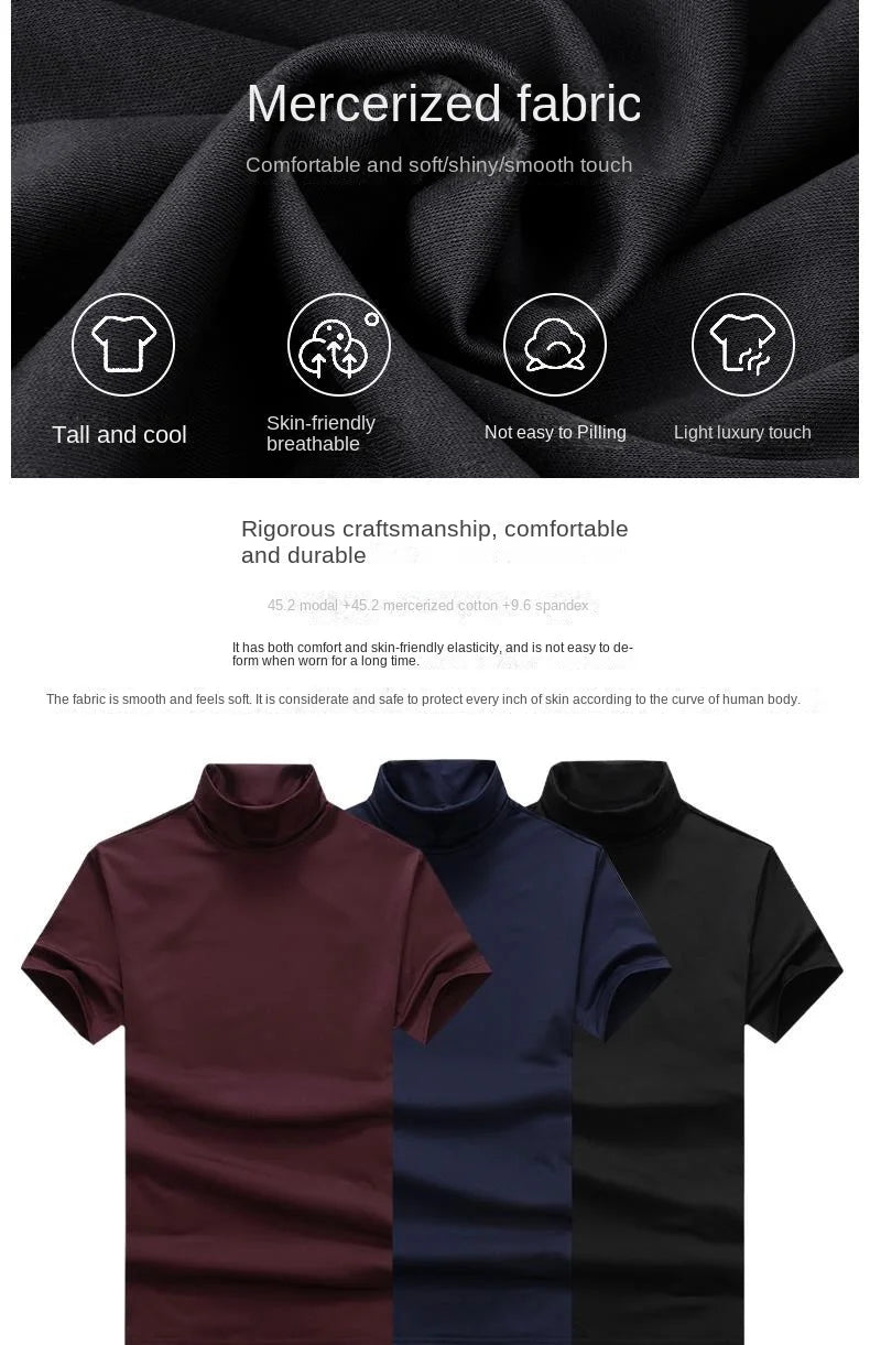 Men's Modal High Neck Short Sleeve T-Shirt Bottoming Shirt Silk Model Golf Wear Luxury Clothing Men's T-Shirt Bottoming Shirt