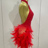 Women Luxury Rhinestones Pearls Feathers Halter Backless Short Dress Women Sexy Celebrate Birthday Dress Nightclub Stage Costume