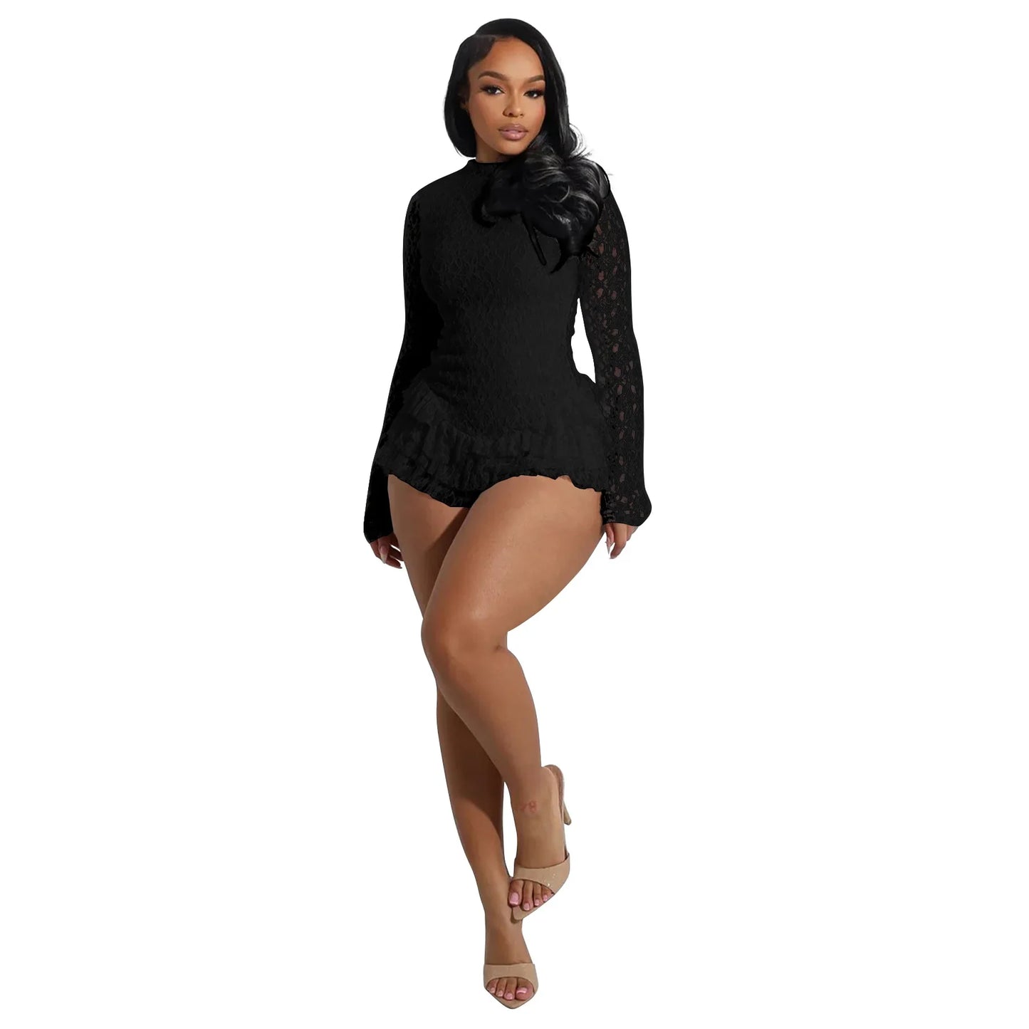BWQ Women Long Sleeve Lace Ruffles Ruched High Waist Short Jumpsuit Streetwear Backless Street One Piece Romper Playsuit