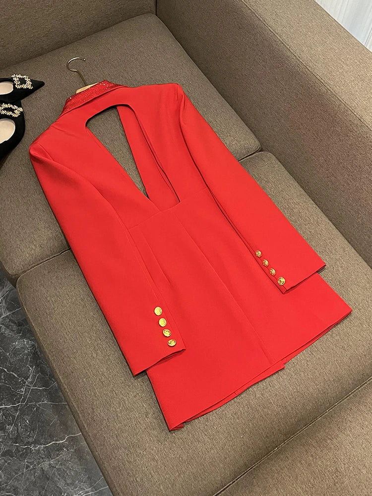 TWOTWINSTYLE Solider Blazer mit Aushöhlungen für Damen, Schalkragen, Langarm-Tunika, gespleißter Knopf, Temperament-Blazer Weiblich KJA501707
