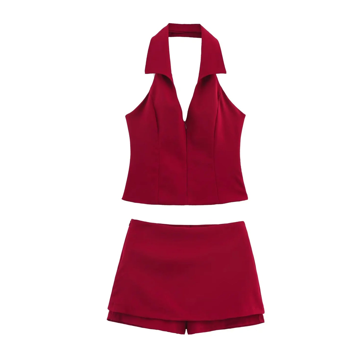 HH Women Pink 2 Piece Set Sexy V-Neck Sleeveless Backless Suspender Zipper Top+High Waist Back Pocket Mini Skirts Shorts Y2K