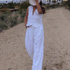 Clacive Summer White Linen Two Piece Set For Women 2023 Fashion Sleeveless Tank Top New In Matching High Waist Wide Pants Set