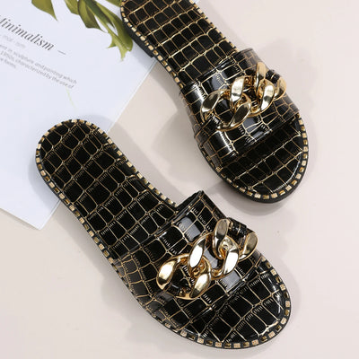 Damen Hausschuhe Mode Sexy Kettenschloss Einfarbig Übergröße Sandalen Neuer Stil Römerstil Flache Hausschuhe Outdoor Slides Damen