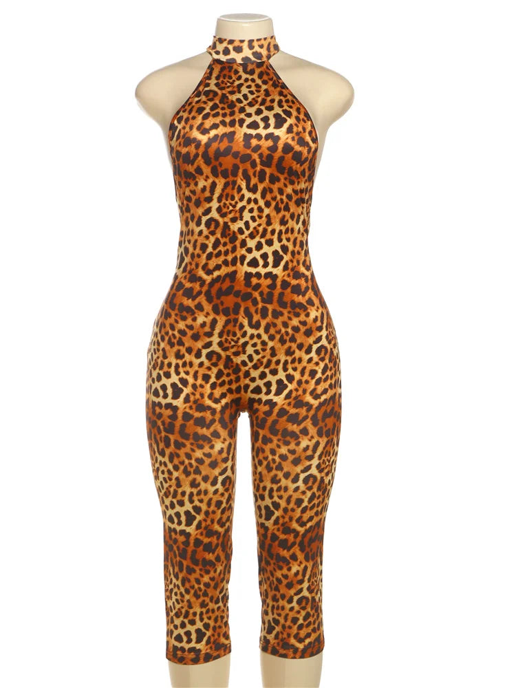 Weird Puss Neckholder-Overall für Damen, rückenfrei, Bandage, Leopardenmuster, eng anliegend, dehnbar, Sommer, sexy, Hipster, Aktivität, Workout-Spielanzüge