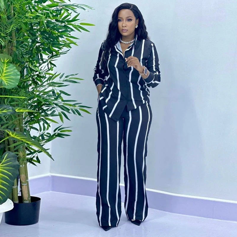 African Fashion Stripe Two Piece Set Women Summer Casual Button Long Sleeved Shirt Wide Leg Pants Two Piece Set Women