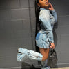 FAGADOER Fashion Button Long Sleeve Denim Mini Dress Women Turndown Collar Pocket with Leg Cover Clothing Female Cowboy Vestidos