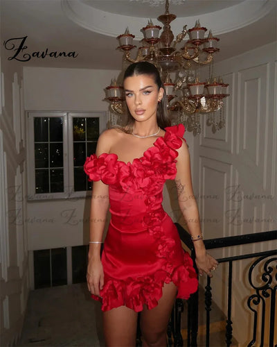 Zavana Attractive Flower Appliques Short Homecoming Dress Off the Shoulder Satin Cocktail Party Vestidos De Fiesta Customized
