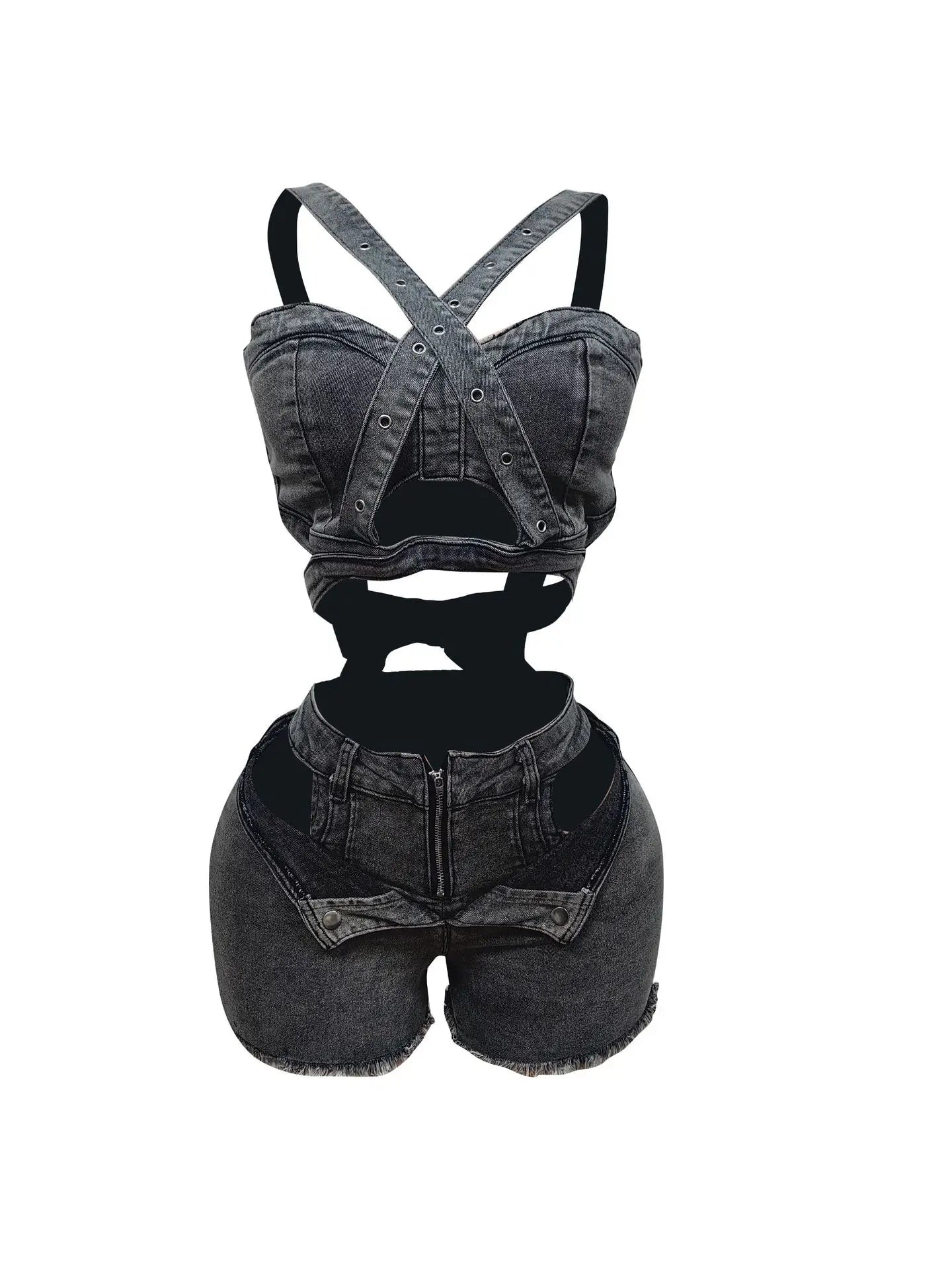 CM.YAYA Fashion Denim Cutout Women's Set Wrap Strap Crop Top and Shorts Jeans 2025 Summer Two 2 Piece Sets Outfits Tracksuit