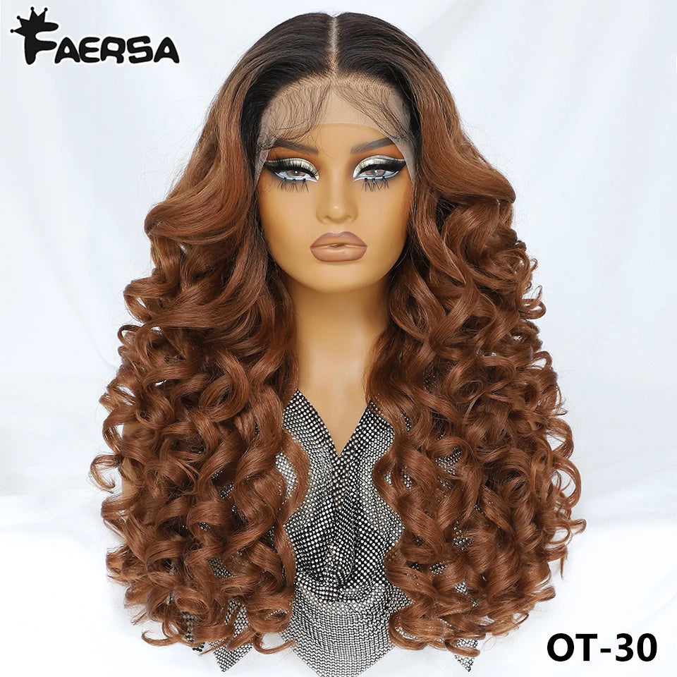 Latisha 13X6 HD Synthetische Spitzenfrontperücke lockig vorgezupfte Lace-Frontal-Perücke mit Pony für Damen, Highlights mit Babyhaar, 24 Zoll