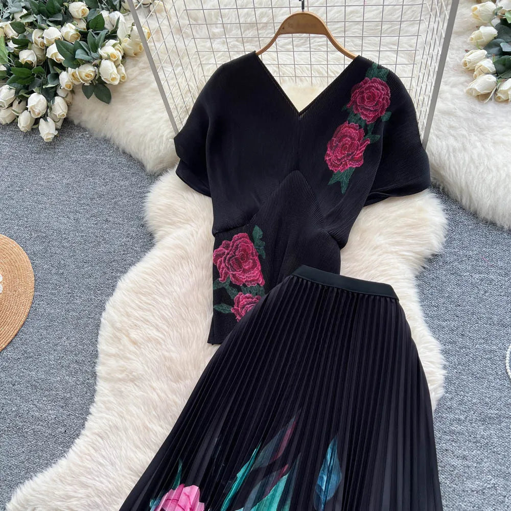 Two Pieces Women Dress Sets Solid Matching Sets V Neck Printing Top High Waist Pleat Dress Loose Fit Casual 2025 Autumn Winter