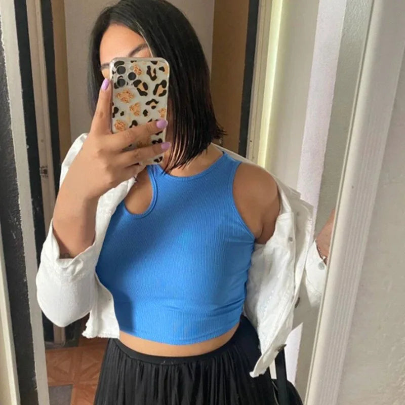 Sexy Rib-knit Tank Top for Women Summer Solid O-neck Sleeveless Crop Tops Street Vintage Korean Fashion Shirt Vest Y2K Clothes