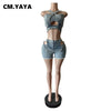 CM.YAYA Fashion Denim Cutout Women's Set Wrap Strap Crop Top and Shorts Jeans 2025 Summer Two 2 Piece Sets Outfits Tracksuit