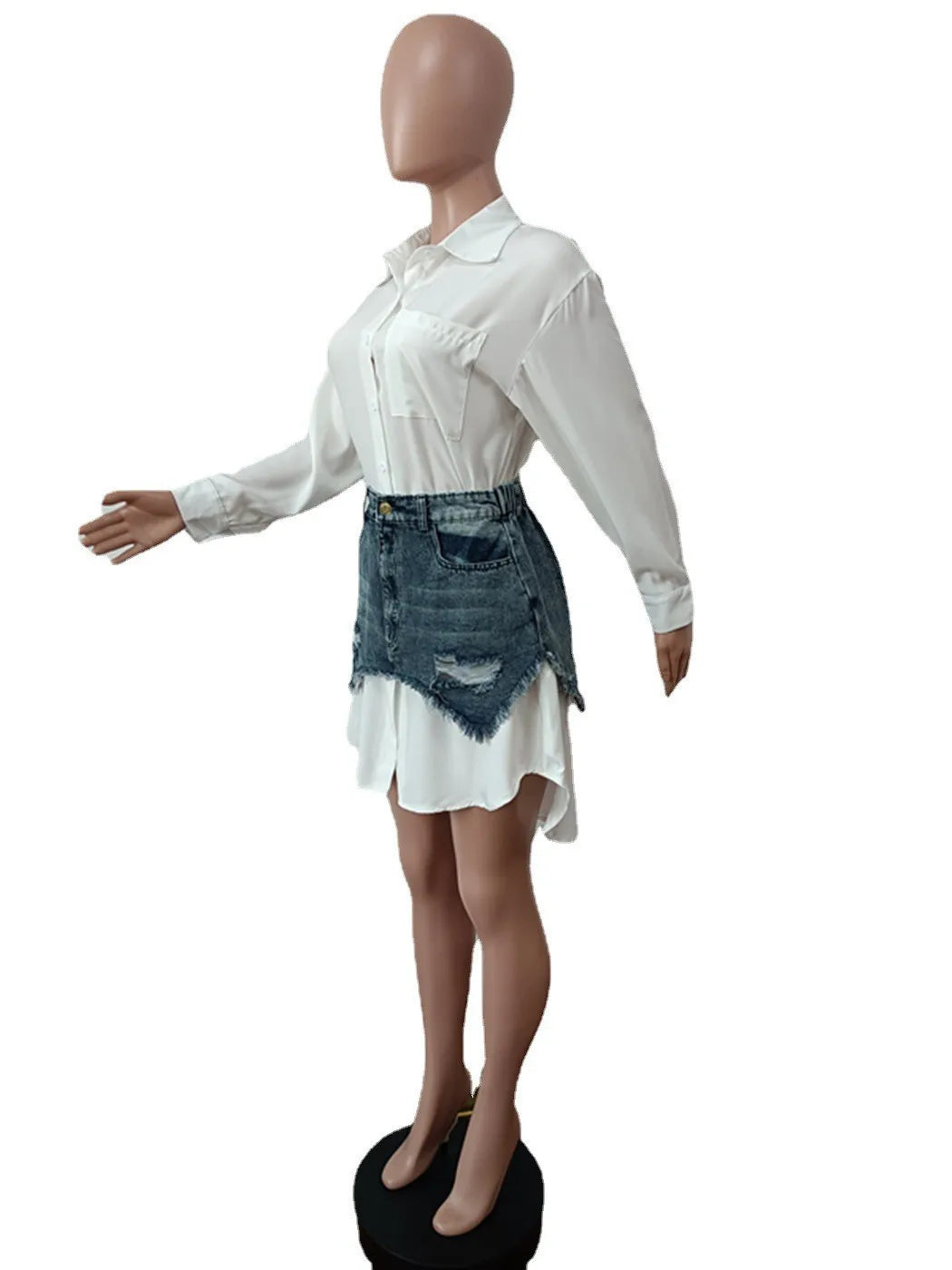 Denim 2 Piece Sets Women Shirt Skirt Suit Hole Single Breasted Turn Down Collar Pocket Splicing Outfits 2025 Skirts Ensemble
