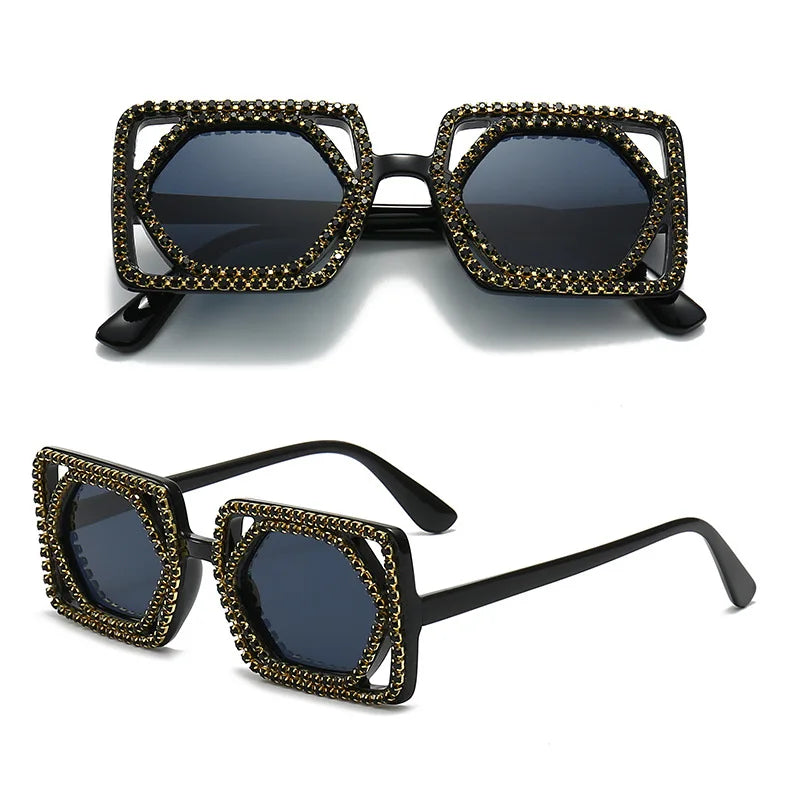 Quadratische Luxus Diamanten Sonnenbrille Damen Punk Mode Strass Sonnenbrille Weiblich Glänzend Sexy Gelbe Linse Brille Schatten Handgemacht