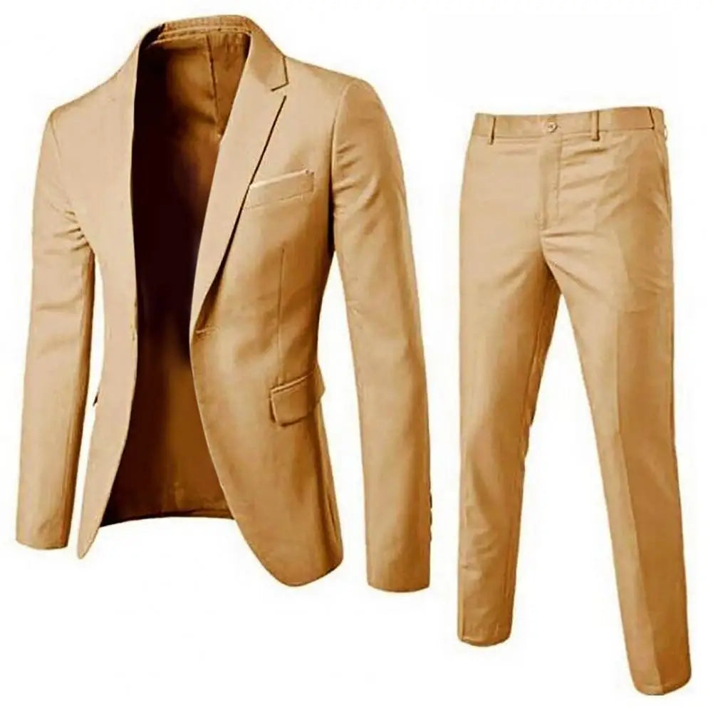 1 Set Stylish Formal Suit Temperament Men Pants Turndown Collar Pure Color One Button Suit Set Daily Wear