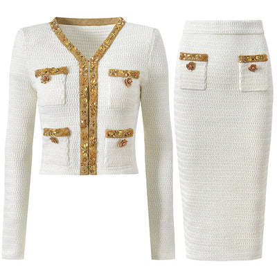 High Quality New Fashionable Elastic Knitted V-neck Luxurious Exquisite Nail Bead Piece Cardigan Slim Fit Short Skirt Women Set