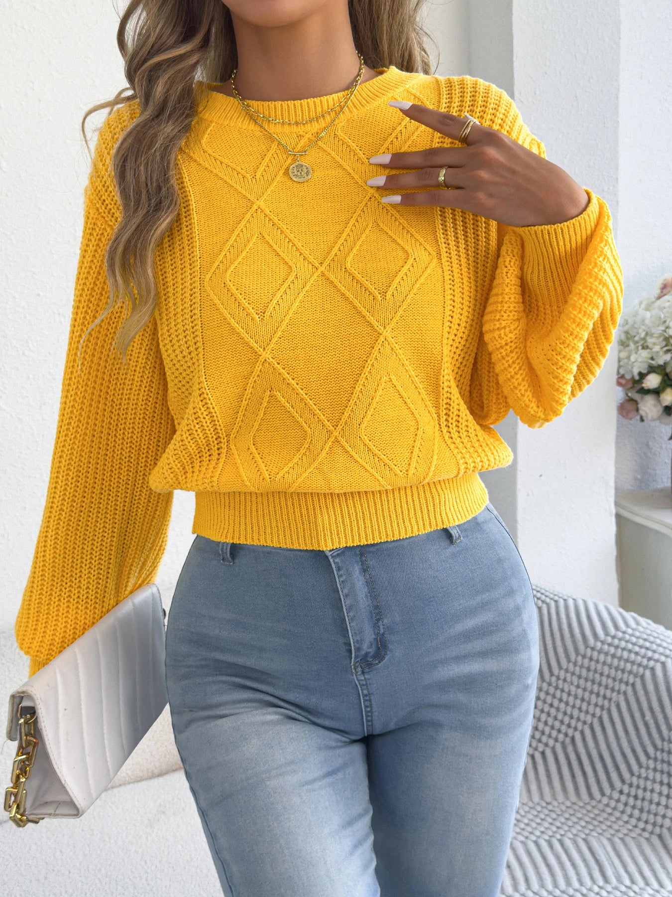 Women's Solid Color Round Neck Lantern Long Sleeve Knitted Sweaters for 2026 Autumn Winter Woman Clothes Yellow Red Khaki Tops