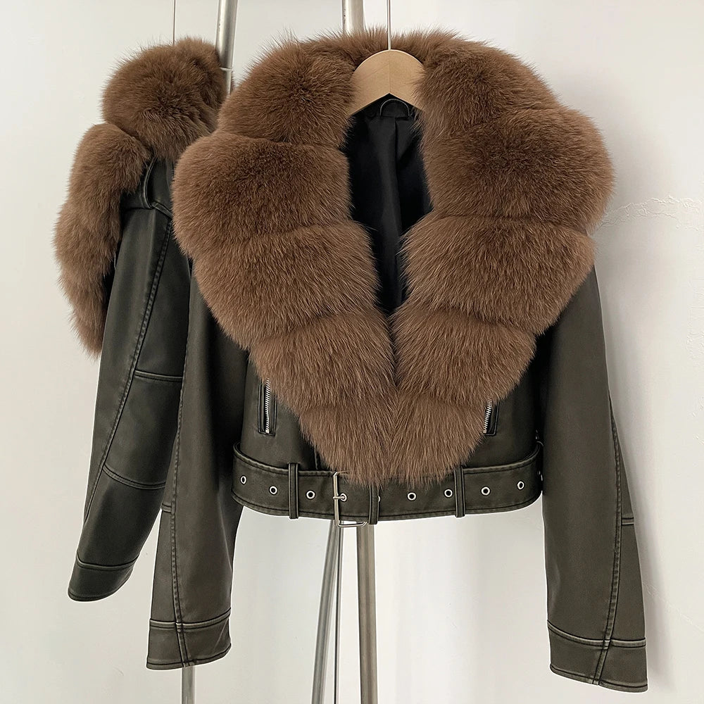 OFTBUY Natural Fox Fur Faux Leather Jacket Female New Autumn Short Top Clothing Women Long Sleeve Fake Leather Real Fur Coat