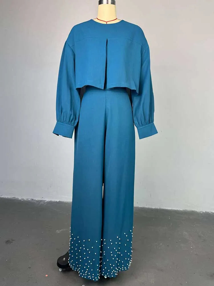 Frühlingskleidung für Damen, 2-teilige Sets Damen-Outfit, Laternenärmel-Anzug mit weiter Hose und Top, High Street Elegante Damen-Sets