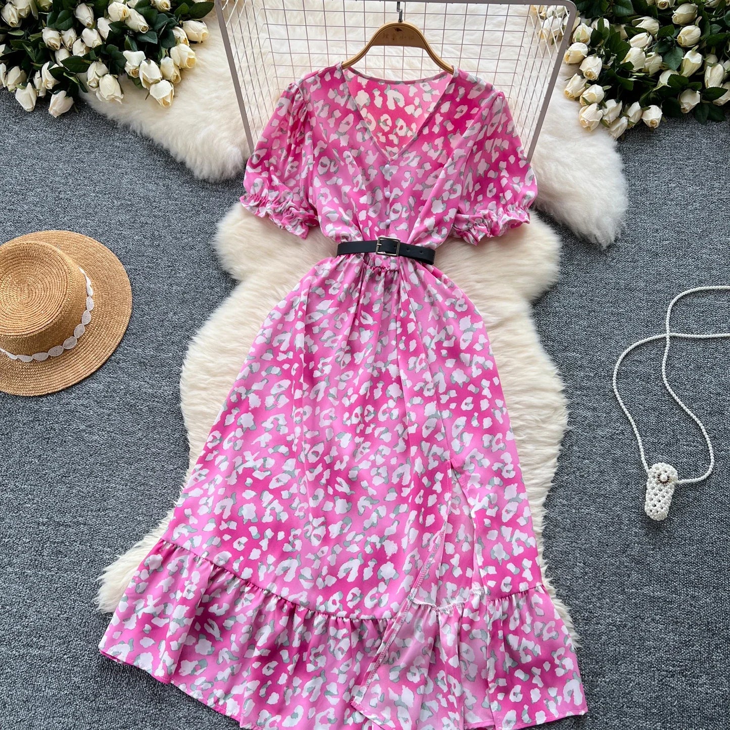 Sommer Plissiert Damen Knopfkleider Lässige Strandurlaub Kurzarm V-Ausschnitt Damen Midikleid Böhmische Mujer Vestidos