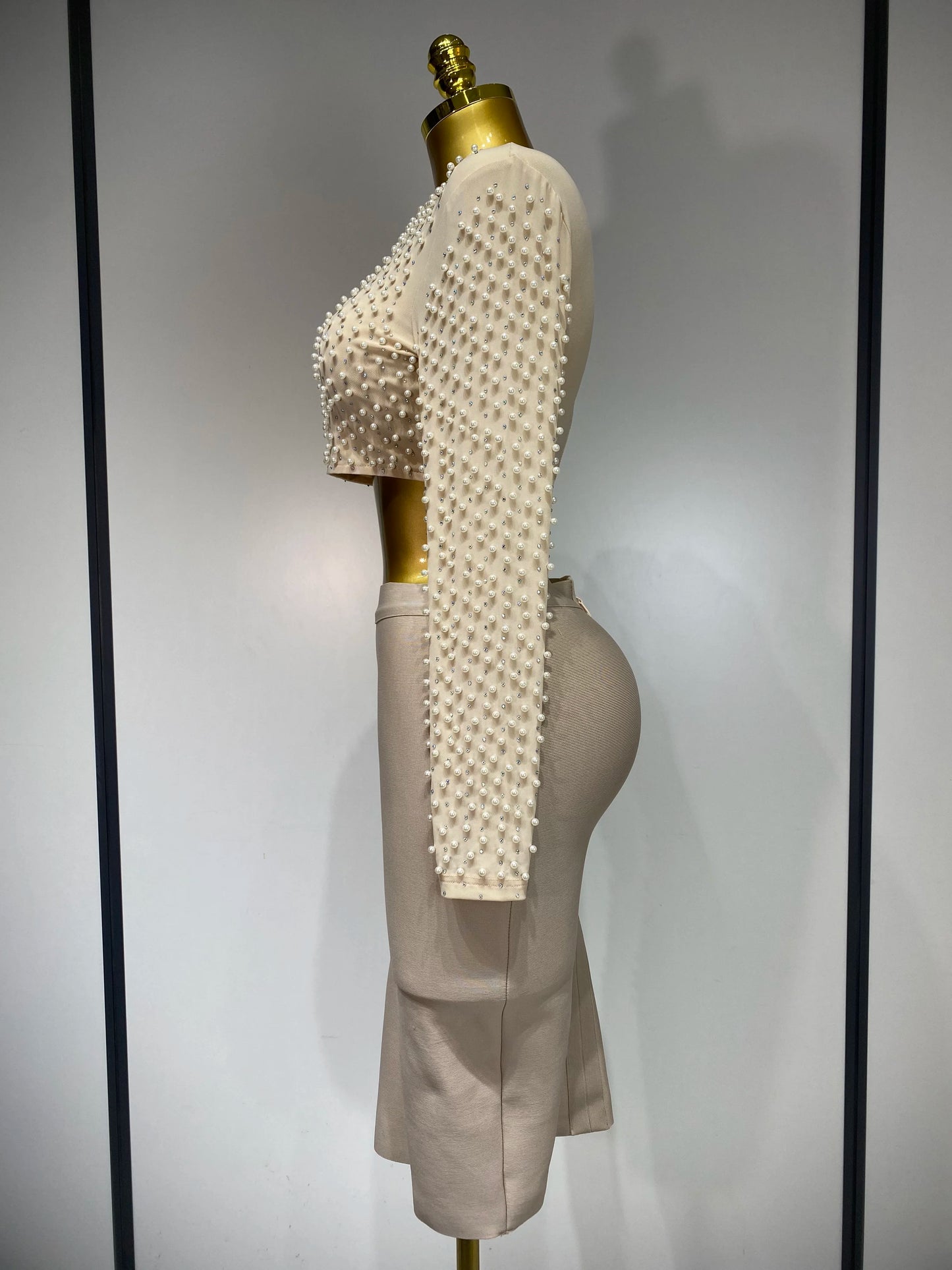 Damen Sexy Langarm Mesh Perlen Top Celebrity Midi Damen Bandage Set 2025 Designer Abendparty Luxus Geburtstag Zweiteiler Set
