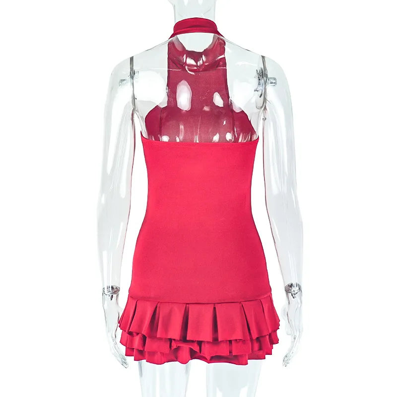 Joskaa Elegant Red Mini Tiered Dress Women Hipster Sexy Halter Backless Skinny Vestidos 2025 Summer Clubwear Vacation Beachwear