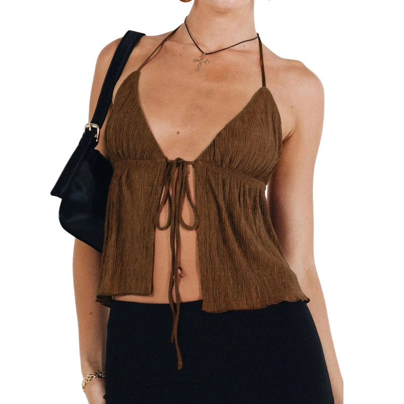 2025 New Sexy Summer Cami Top Bowknot Lace-Up Sleeveless Cropped Vest Elegant Youth Clothes Women Fashion Off Shoulder