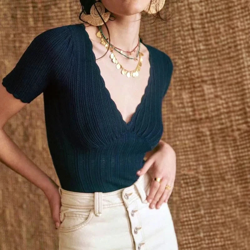Damen V-Ausschnitt gestricktes Häkel-T-Shirt mit