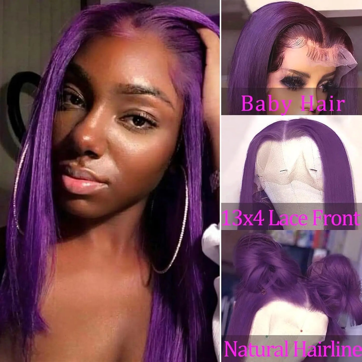 Dark Purple Bob Lace Front Wigs Human Hair Colored 13x4 Lace Frontal Short Straight Purple Bob Wig Pre Plucked with Baby Hair