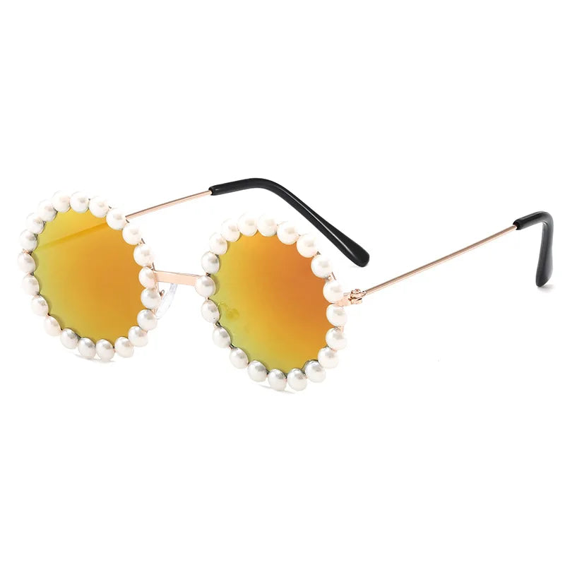 New Children's Circle Form Sunglasses Girl Decorative Pearl Frame Fashion Sun Glasses Cute Baby Outdoor Sunshade Eyewear UV400