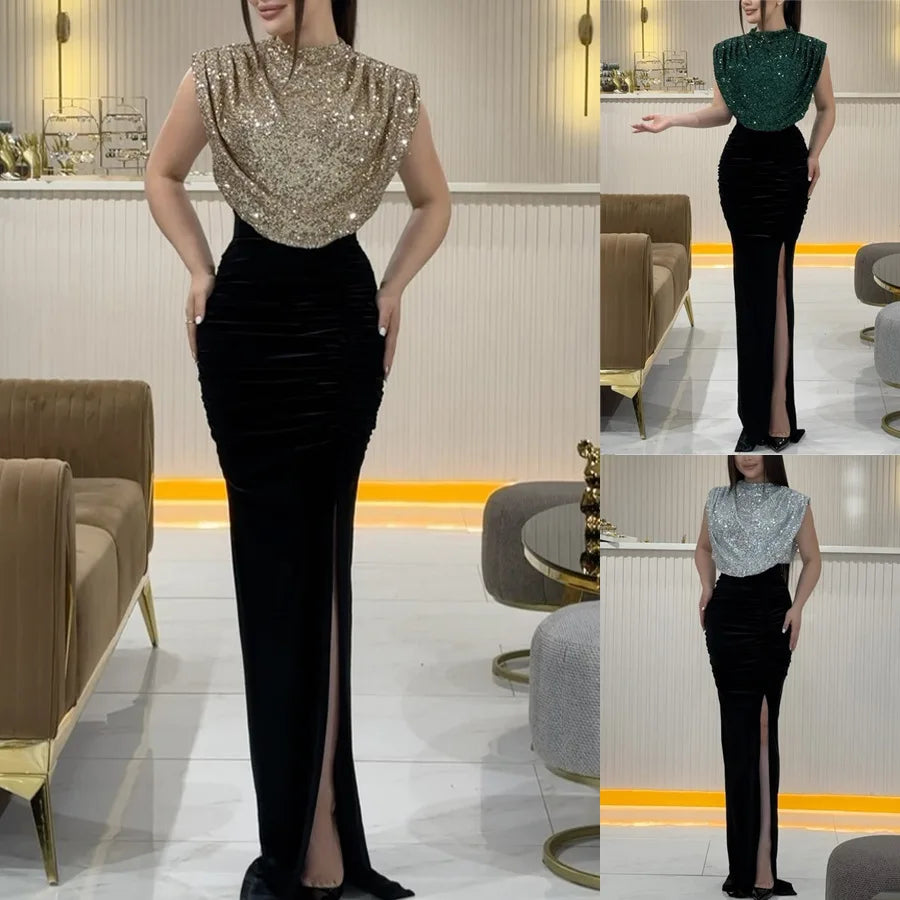 Spring Sequined Patchwork Sleeveless Long Dress Casual Party Draped Split O Neck Sequin Splicing Party Dress 2025