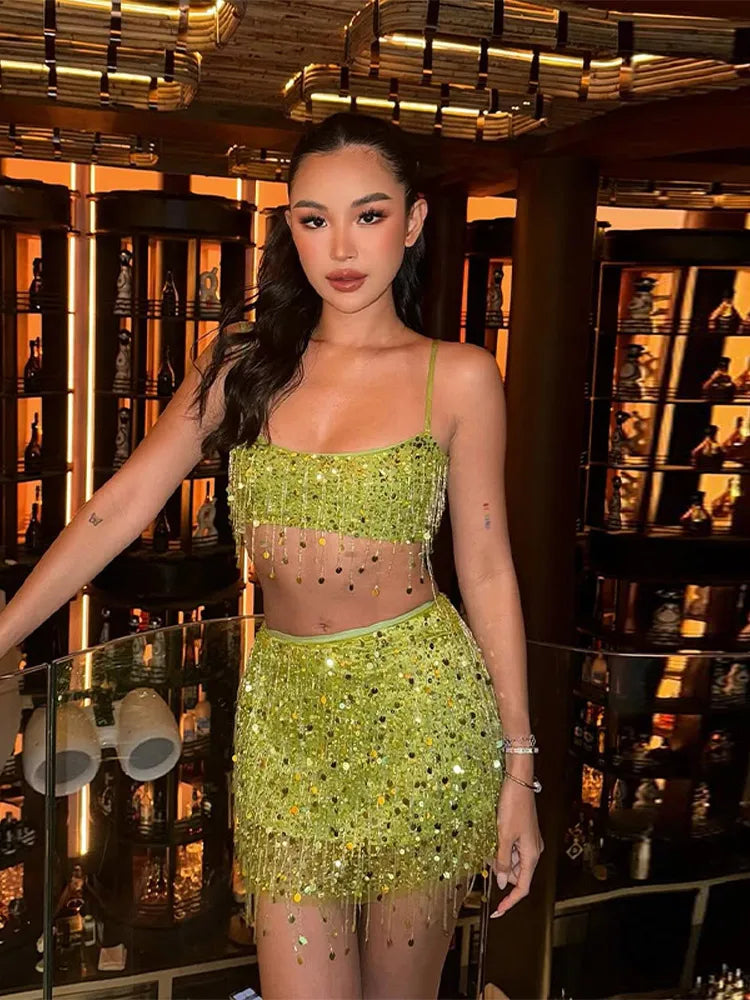 Sexy Sequins Tassel Skirt Sets Women Sling Crop Tops Hip Package A-line Short Skirts 2025 Summer Chic Beach Party Outfits Lady
