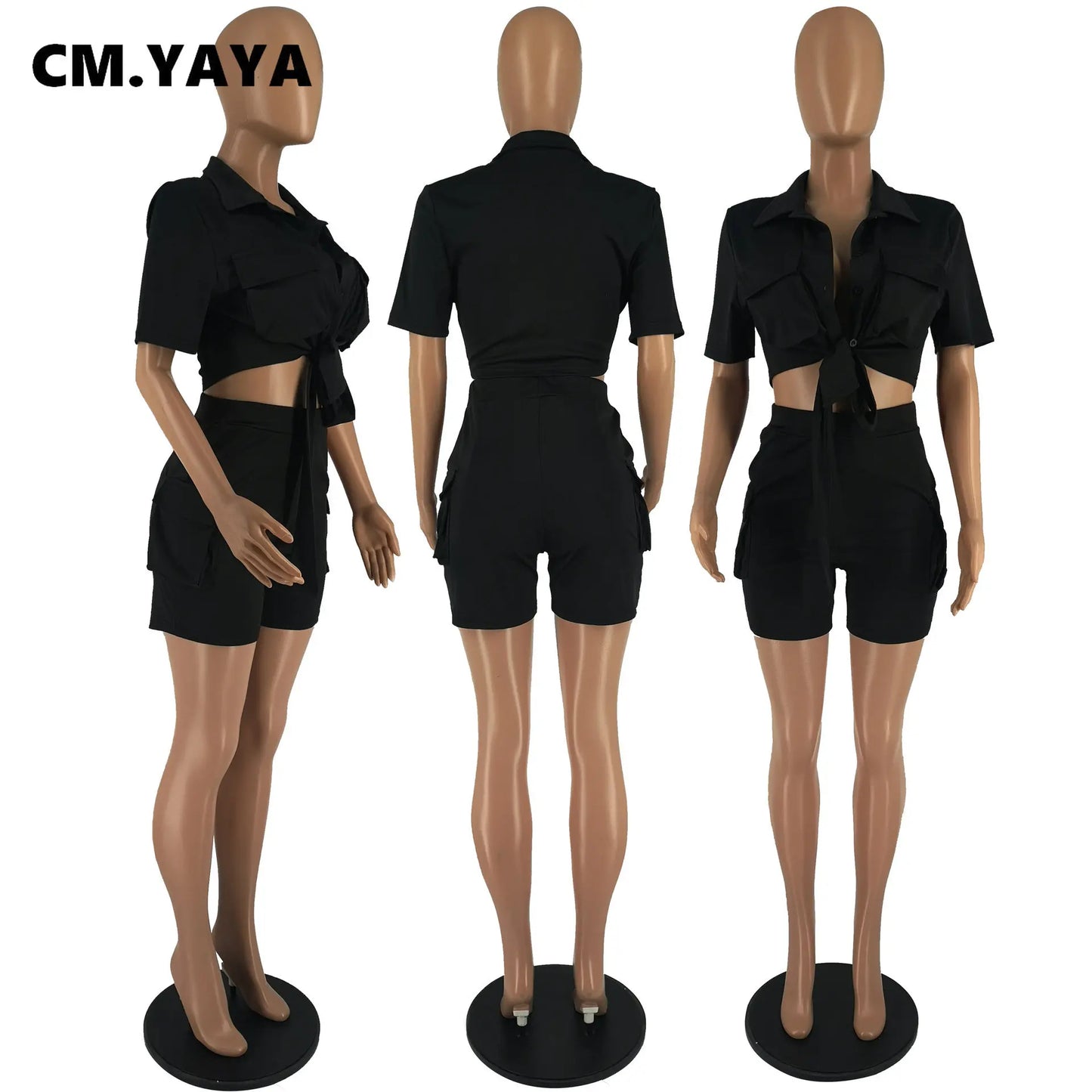 CM.YAYA INS Women's Set Short Sleeve Pocket Front Shirt and Pocket Side Shorts Suit 2023 Cargo Two 2 Piece Set Outfit Tracksuits