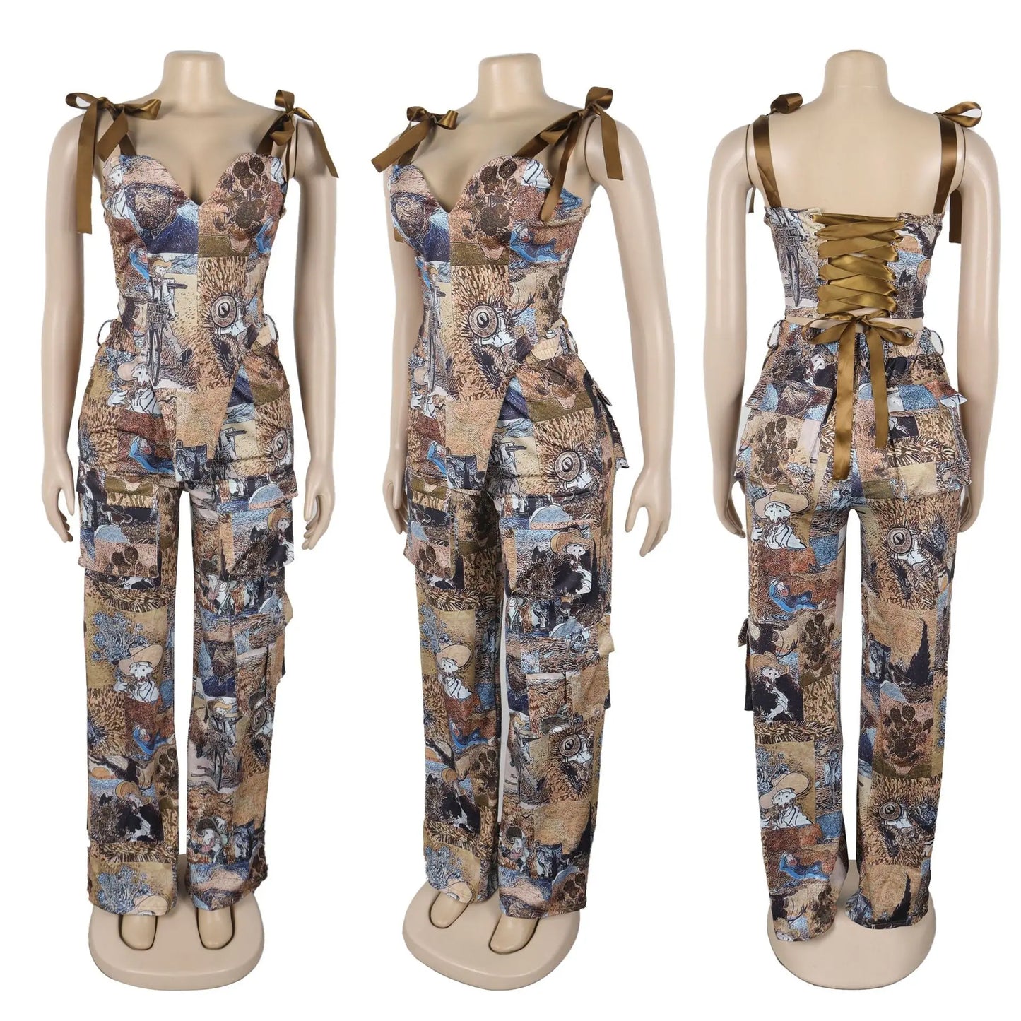 Two Pieces Women Pant Sets Print Matching Set Drawstring Pockets Sleeveless Top Elastic Waist Pants Slim Fit Casual 2026 Spring