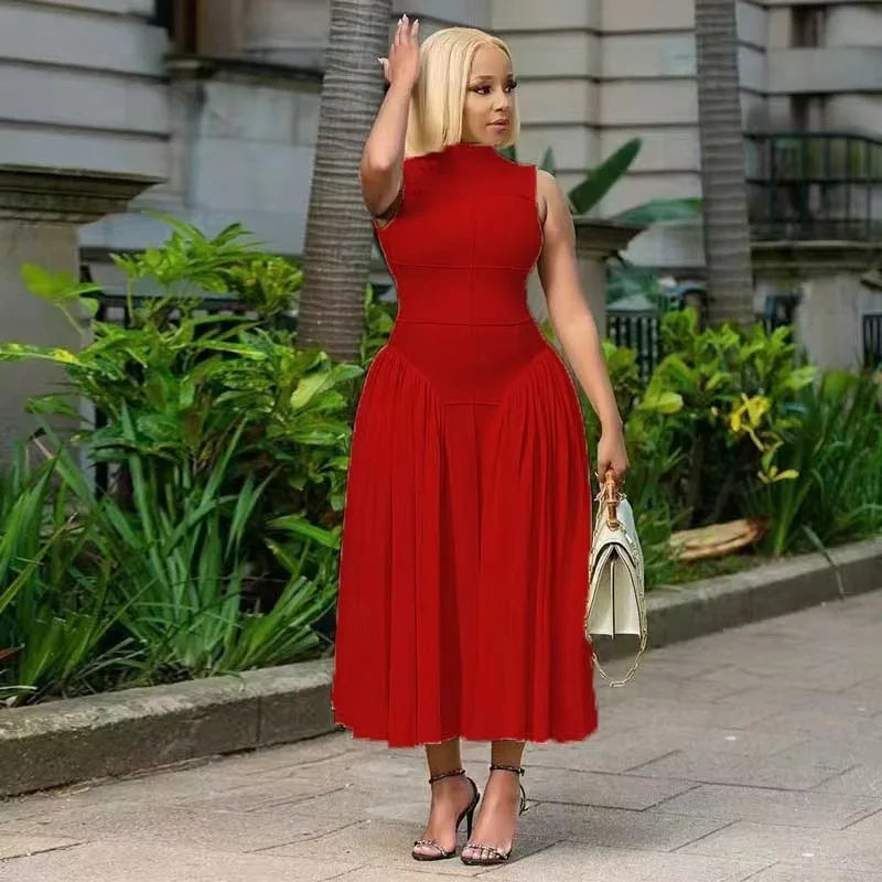 Long Dresses Women Party Dress Pleated Patchwork Sleeveless Stand Collar Maxi Gown Tight Waist Vestidos 2025 Summer A Line