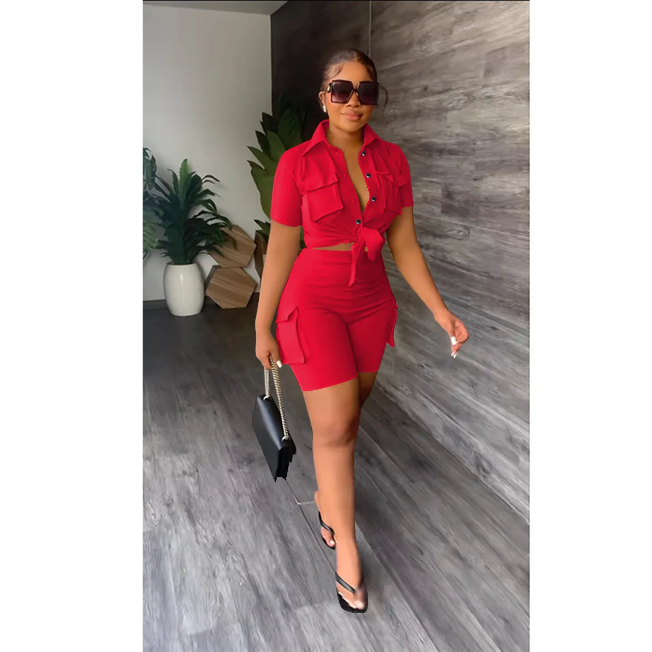 CM.YAYA INS Women's Set Short Sleeve Pocket Front Shirt and Pocket Side Shorts Suit 2023 Cargo Two 2 Piece Set Outfit Tracksuits