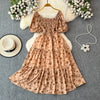 2024 Neues Sommer Blumenmuster Maxikleid Damen Vintage Eckiger Ausschnitt Geraffte Brust Schärpe Bandage Sommerkleid Partykleid