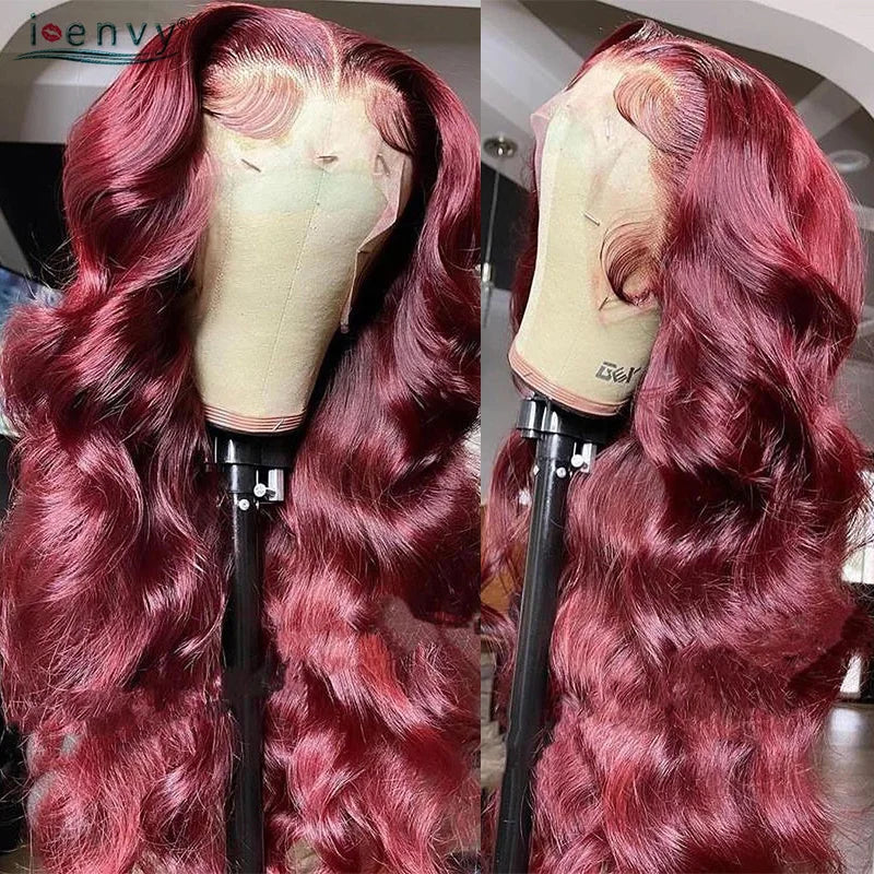 13X4 HD Transparente Lace Front Perücken Burgunderrote Echthaarperücken Vorgezupft 30 Zoll Body Wave Lace Front Perücken für Frauen Gelockt