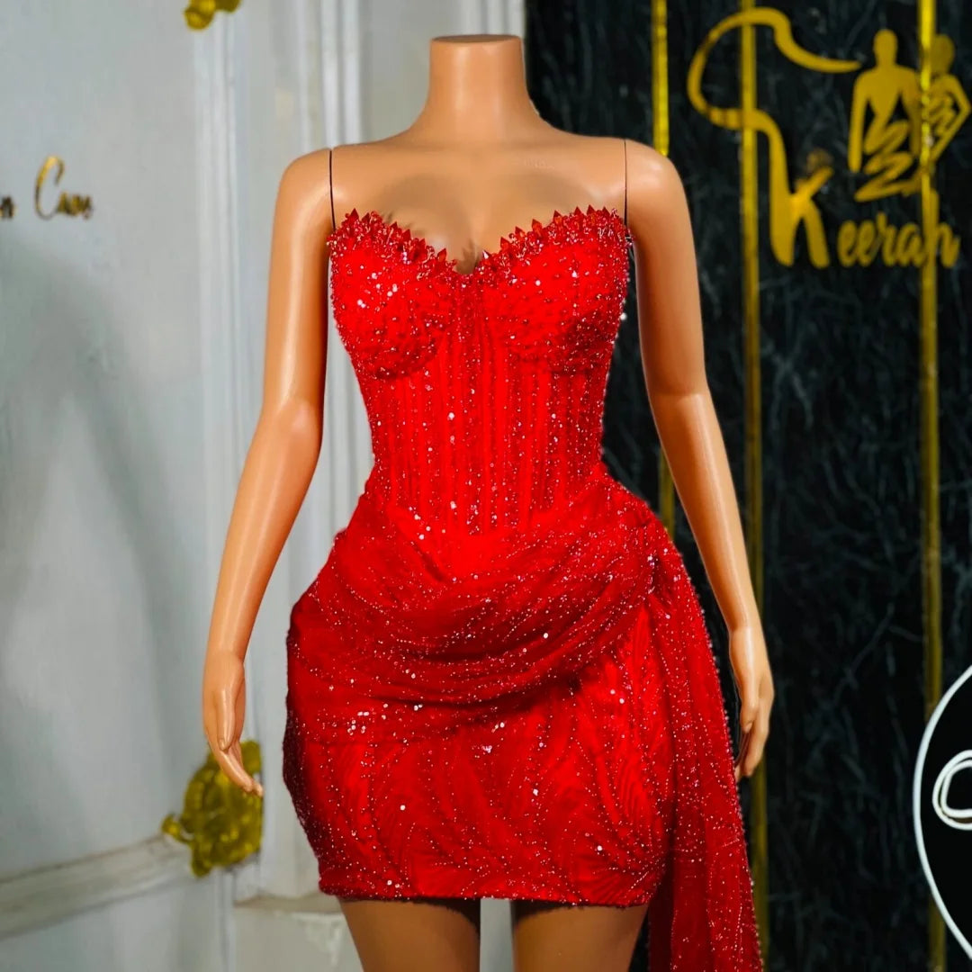 Mila Red Sequin Spaghetti Strap Heart Neck Prom Dresses Mini Dress with Draped Detail Customized Formal Evening vestidos de gala