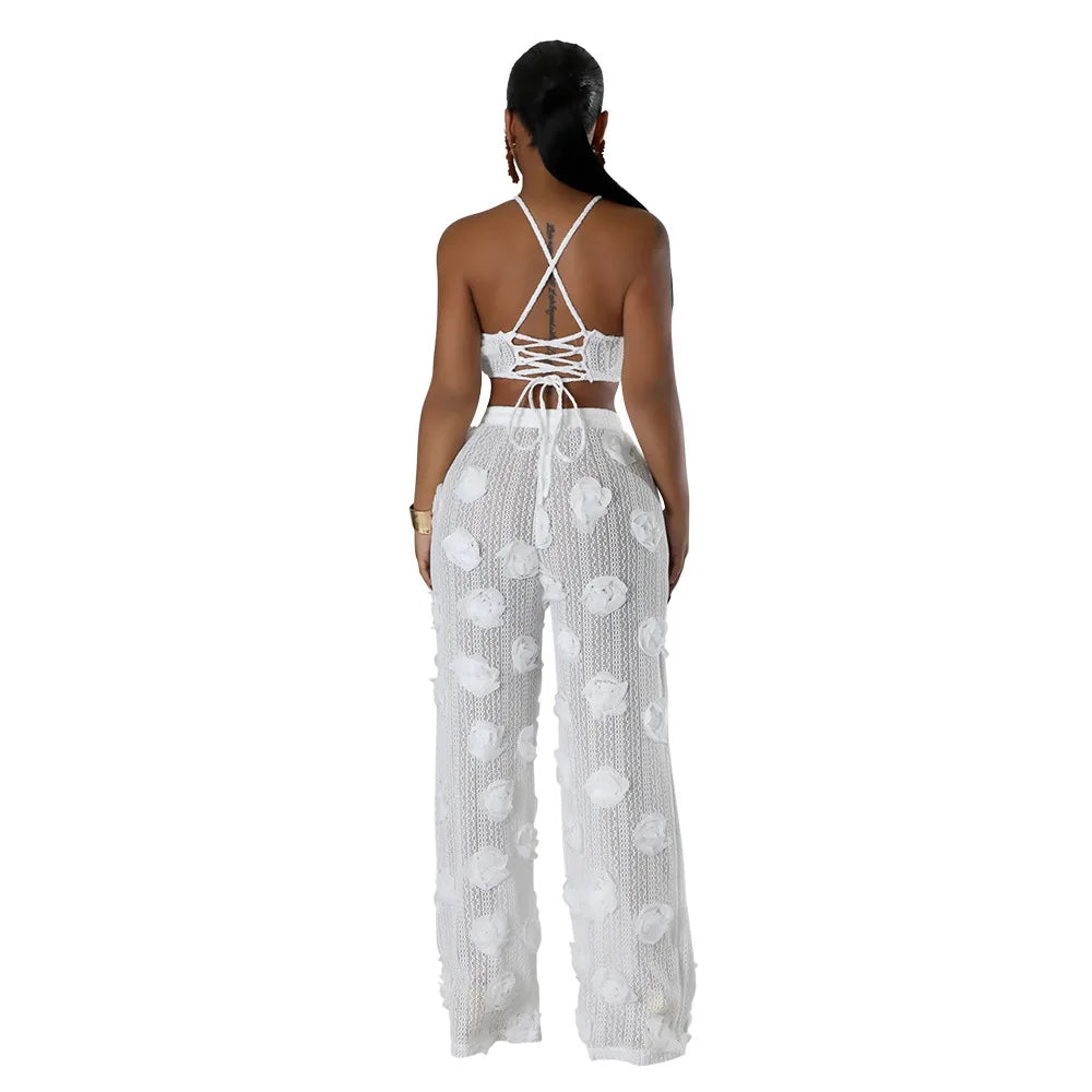 Women Two Piece Pant Sets Sexy Hollow Out Vest Sleeveless Tanks Tops Splice Long Pants Drawstring Streetwear Summer 2025