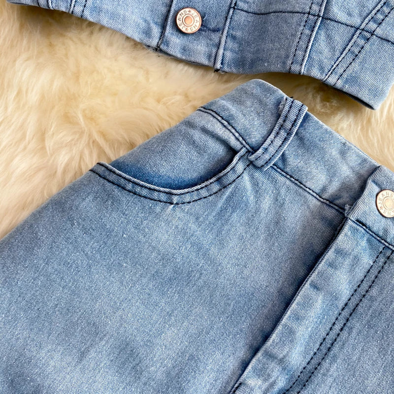 Women Denim 2 Piece Sets Long Skirt Top Suit Skirts Tops Single Breasted Outfits Washed Distressed 2025 Summer Casual Ensemble