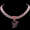 Hip Hop Bling Pink Crystal Cursive Initial Letter Cuban Necklace for Women Iced Out Paved Cuban Chain Necklace Choker Jewelry