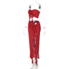 Hugcitar Fashion 2 Pcs Sets Strapless Tie Flower Draped Sexy Crop Tank Top Slit Tassel Maxi Skirt Women Outfit Festival Party